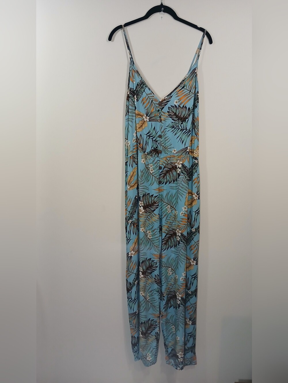 Tropical Floral Wide Leg Jumpsuit Blue Sleeveless Palazzo Wide Leg Romper L/XL - Picture 2 of 6